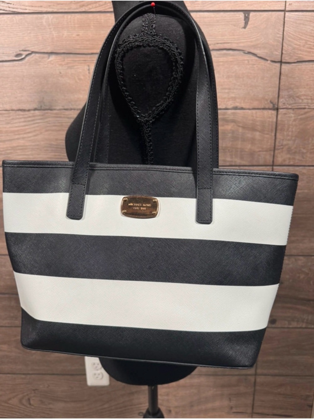 Michael Kors Black and White Horizontal Stripe Tote